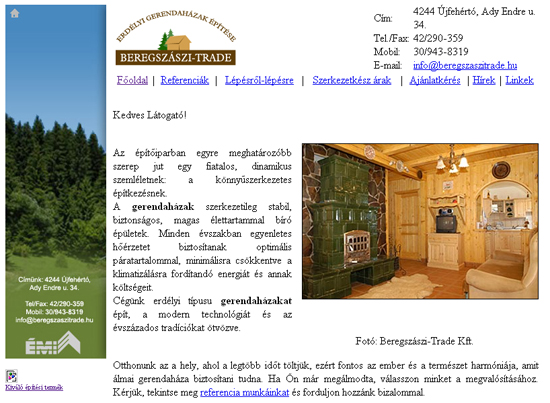 A Beregszászi Gerendaházak weboldala a munka kezdetekor, 2009-ben.